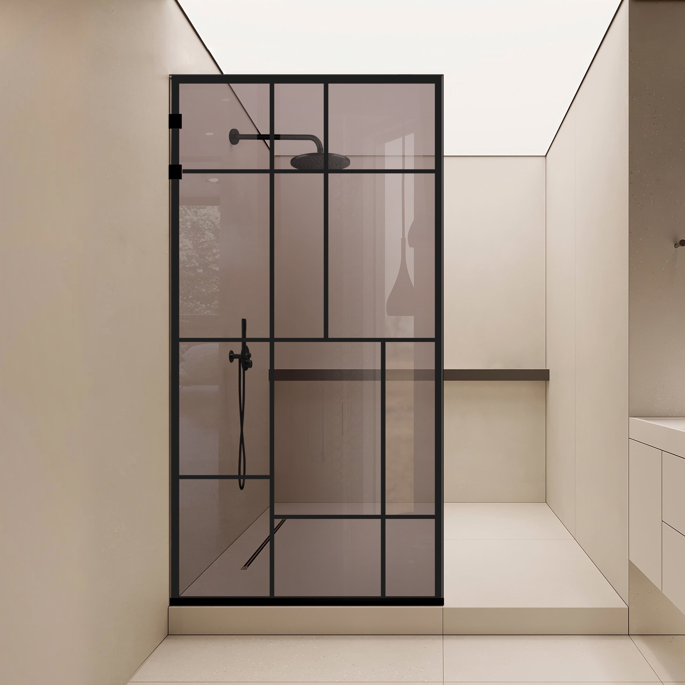 Paravan dus Walk-in, Perete dus Inox, negru mat #Bronz