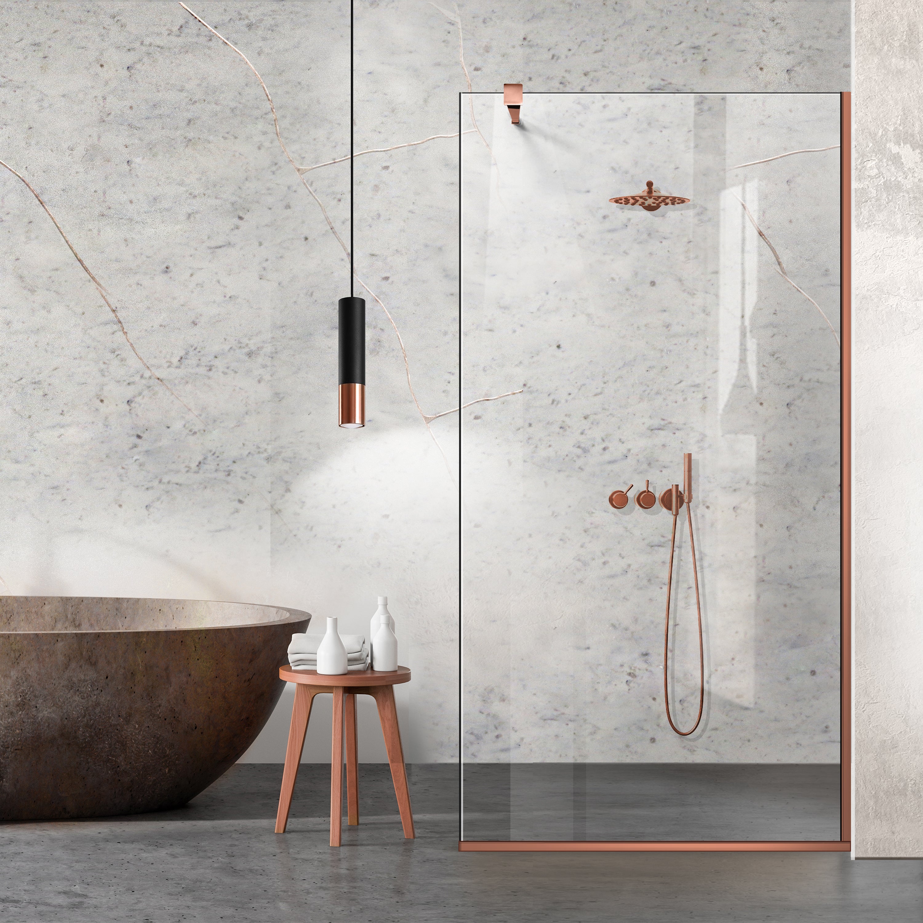 Paroi de douche walk-in Aqua Class ® Copper, ferronnerie tout inox cuivre, verre trempé
