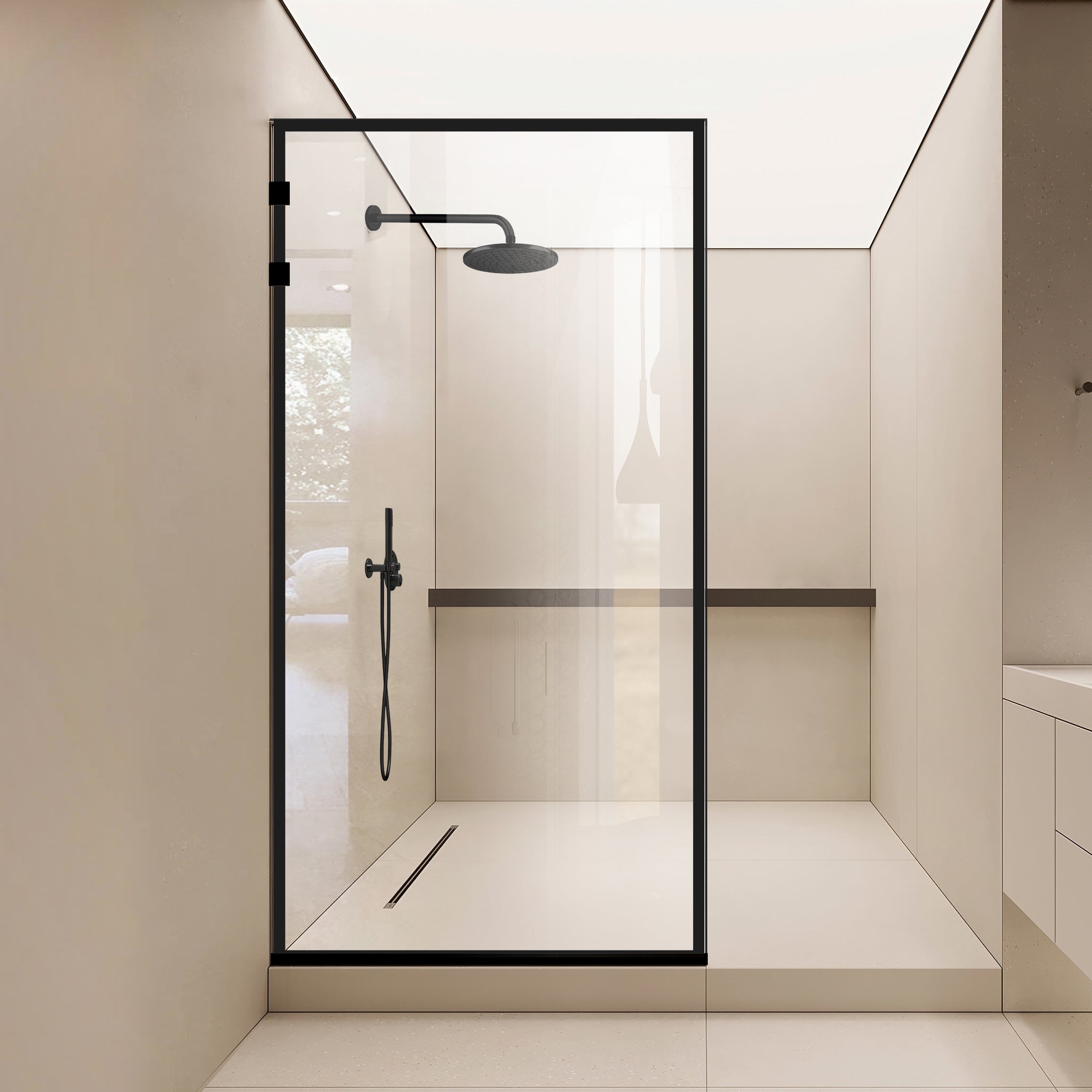 Paroi de douche walk-in Aqua Elegance® Black, modèle Frame noir, ferrure tout inox noir mat, verre clair, sécurisé