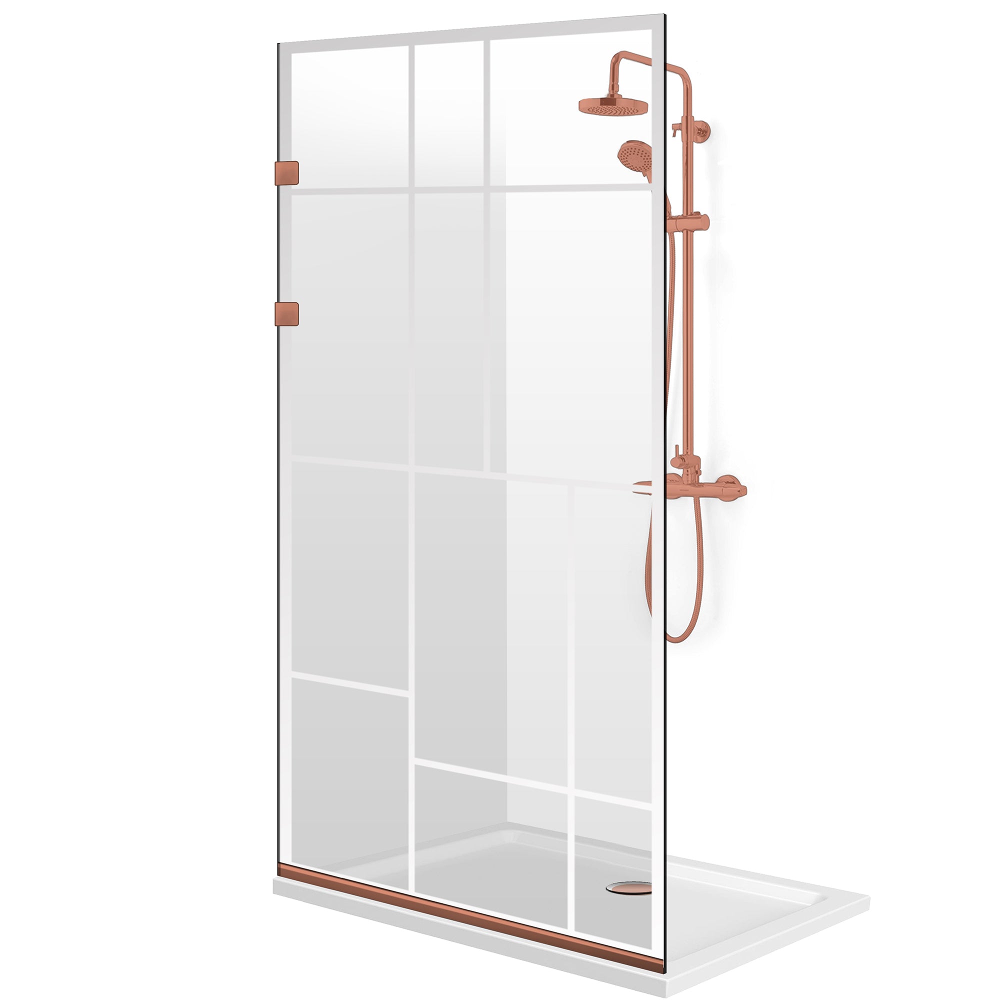Paroi de douche walk-in Aqua Elegance® Copper, modèle Urban incolore, ferrure tout inox cuivre, verre clair, sécurisé