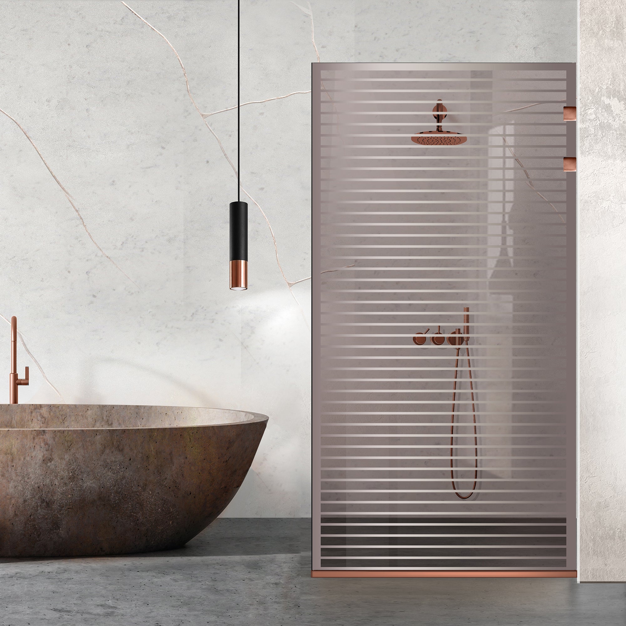 Paravent de douche walk-in Aqua Elegance ® Cuivre, modèle Moris incolore, ferronnerie inox cuivre intégrale, sécurisé