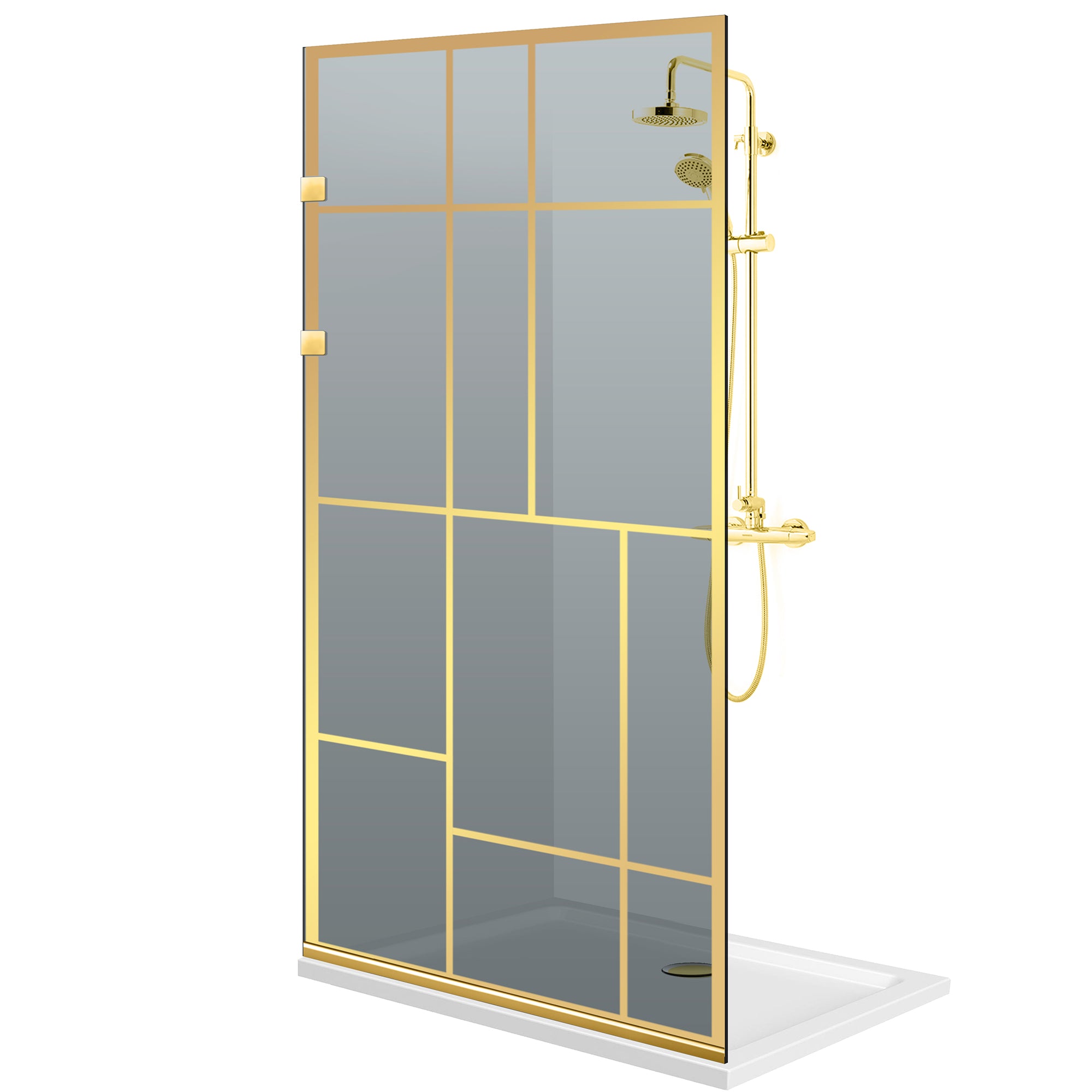 Paroi de douche walk-in Aqua Elegance ® Gold, modèle Urban doré, ferrure inox dorée complète, verre sécurisée